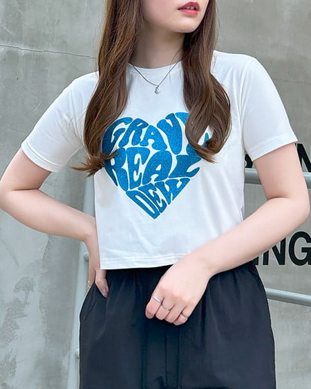 INGNI(イング) グリッターハートロゴショートTシャツ オフホワイト/ブルー