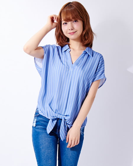 INGNI(イング) 裾リボントロミスキッパー／シャツ ブルー/ストライプ