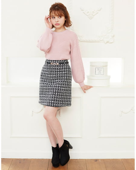 【INGNI STORE限定セット】袖パールケーブルニット＋ベルト付ツイードスカート／SET