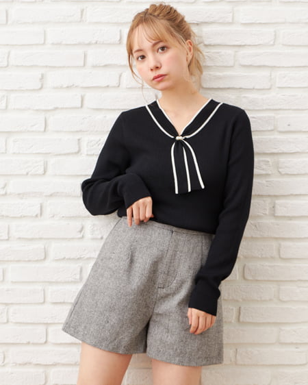 INGNI(イング) ボウタイパール付ニット クロ