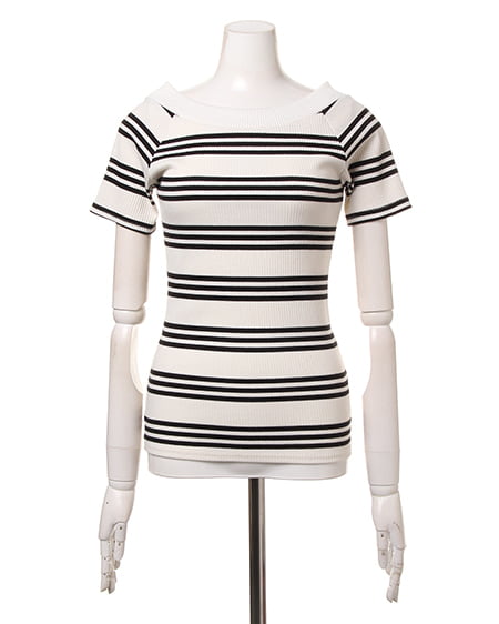 INGNI(イング) イレギュラーボーダーボート/V半袖 オフホワイト/クロ