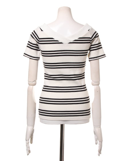 INGNI(イング) イレギュラーボーダーボート/V半袖 オフホワイト/クロ