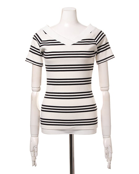 INGNI(イング) イレギュラーボーダーボート/V半袖 オフホワイト/クロ