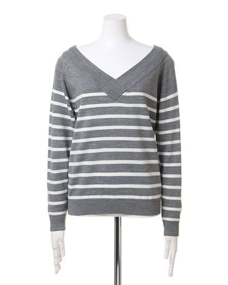 INGNI(イング) カシミヤタッチナヴァルボーダーVネック グレー/オフホワイト