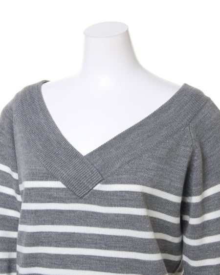INGNI(イング) カシミヤタッチナヴァルボーダーVネック グレー/オフホワイト