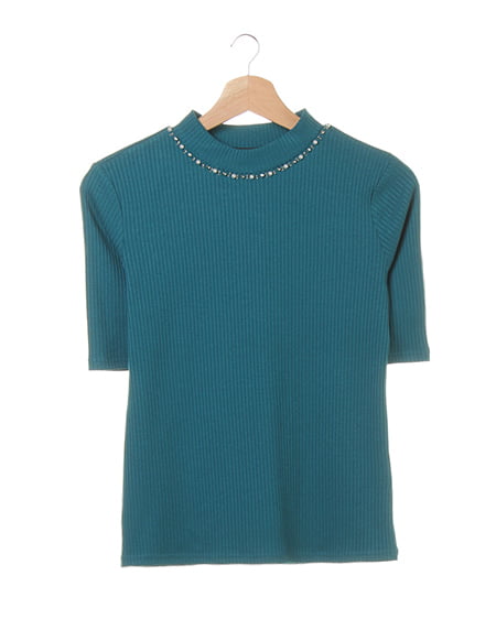 【秋の新作】カバーリングリブ 装飾付ハイネック5分袖／TOPS