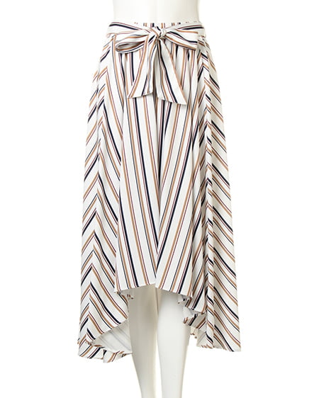 【秋の新作】サッシュ付マルチストライプ柄イレヘム／スカート