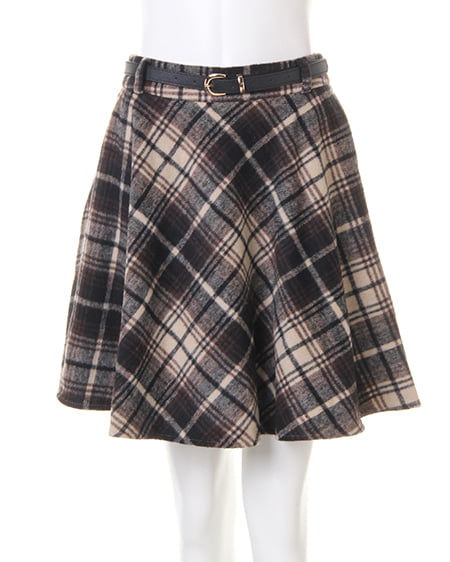 ベルト付シャギーチェックフレア／スカート