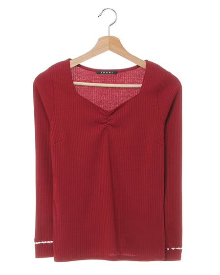 【秋の新作】リブハートネック／袖抜きパール付トップス長袖