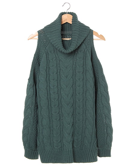 肩あきケーブルオフタートルチュニックニット