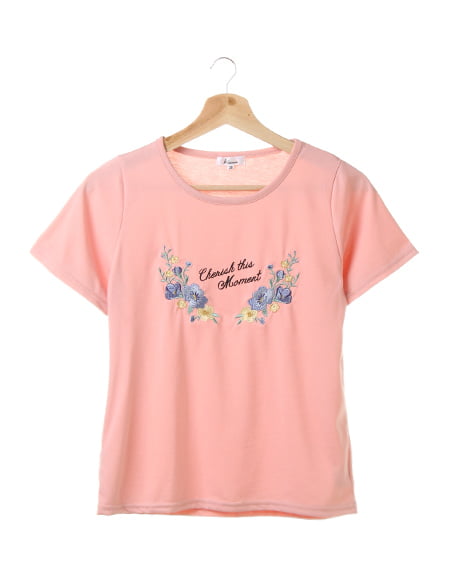 allamanda(アラマンダ) フラワークラウン刺繍Tシャツ ピンク