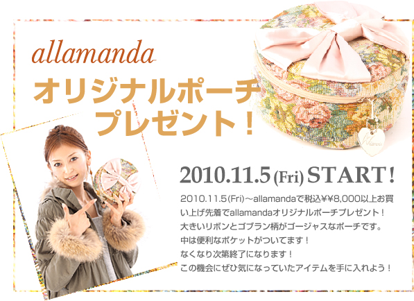 2010.11.2（Fri） ～ ！allamanda（アラマンダ）の商品購入合計金額税込￥8.000以上のご購入でallamanda「オリジナルポーチ」をプレゼント★大きいリボンとコブラン柄がゴージャスなポーチです。 
