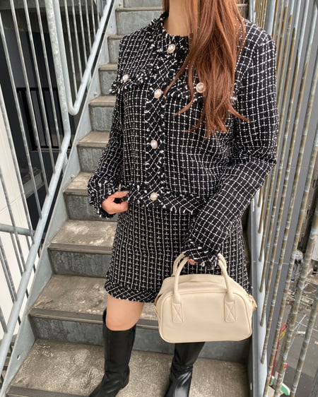 INGNI（イング） SETUP対応フリンジツイード台形／スカート ｸﾛ