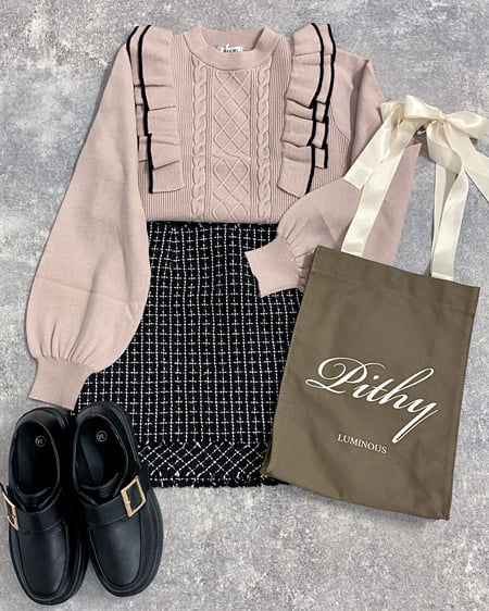 INGNI（イング） SETUP対応フリンジツイード台形／スカート ｸﾛ