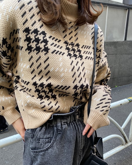 INGNI（イング） BIGチェックモックネックニット ﾍﾞｰｼﾞｭ