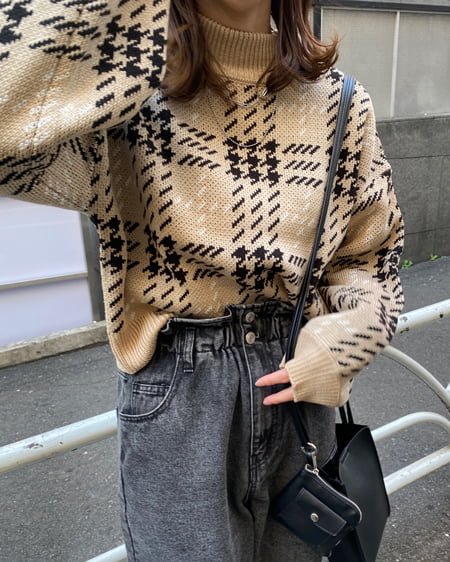 INGNI（イング） BIGチェックモックネックニット ﾍﾞｰｼﾞｭ