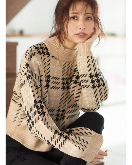 INGNI（イング） BIGチェックモックネックニット ﾍﾞｰｼﾞｭ