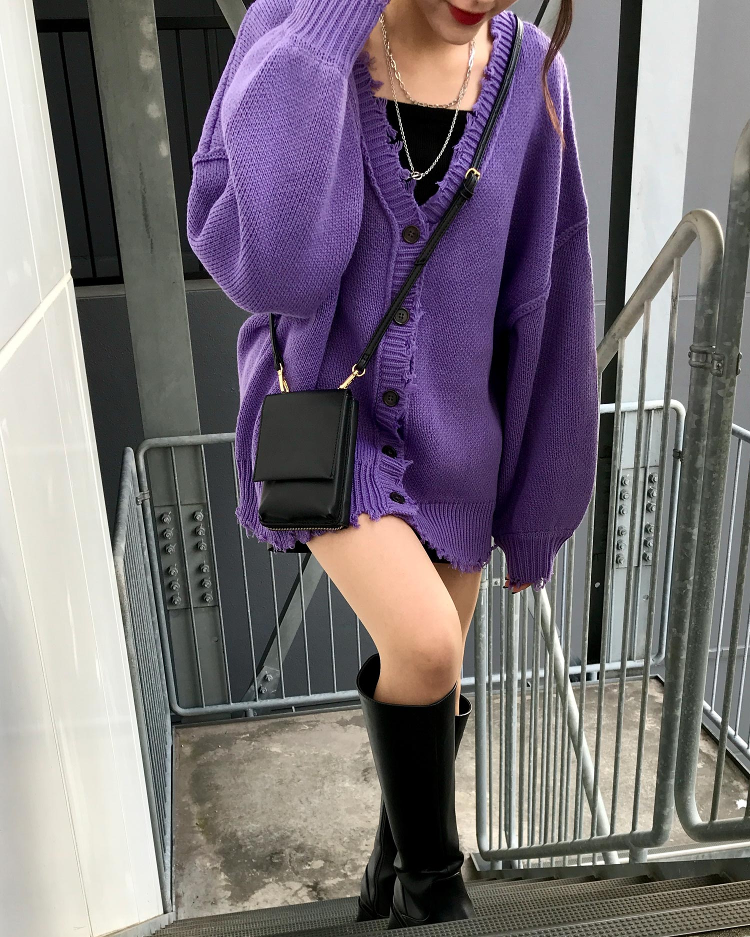 INGNI(イング) 2WAYブロークンカーディガン＋フェイクレザーパンツ／SET - M - パープル
