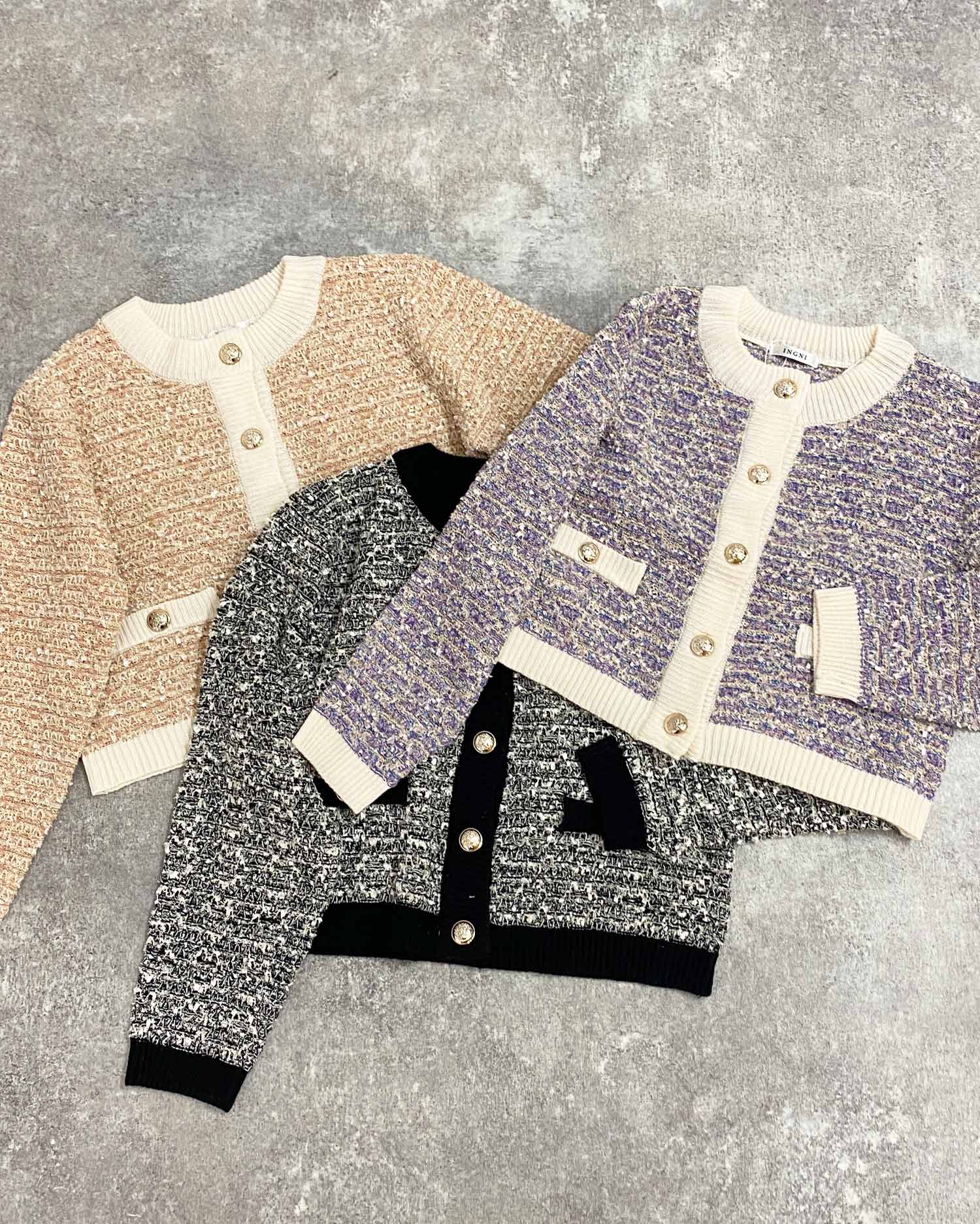 INGNI(イング) ロング丈ツイードニットカーディガン(セットアップ対応) M クロ INGNIイング カーディガン×ニットアンサンブルセットアップ 