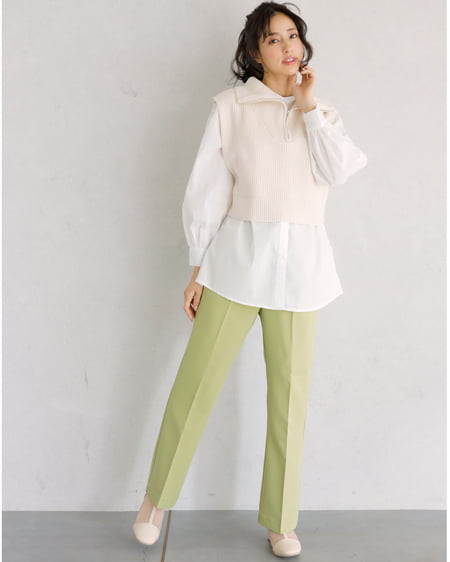 INGNI(イング) ZIPニットベストバンドカラーシャツSET+セミフレアセンタープレスパンツ/SET アイボリー