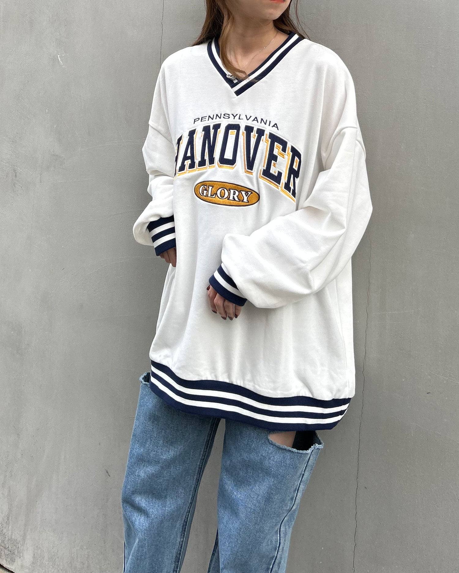 STONE  グレー Vネック トレーナー S 配色Vネックラインカレッジロゴスウェットチュニック｜INGNI