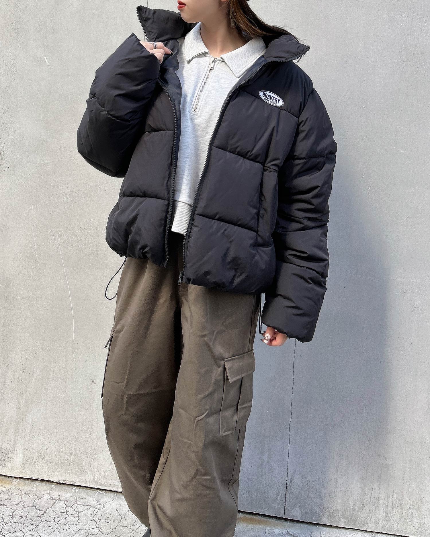 ロゴニットしスウェット　エメイン ハーフZIP配色袖ラインカレッジロゴミニスウェットチュニック