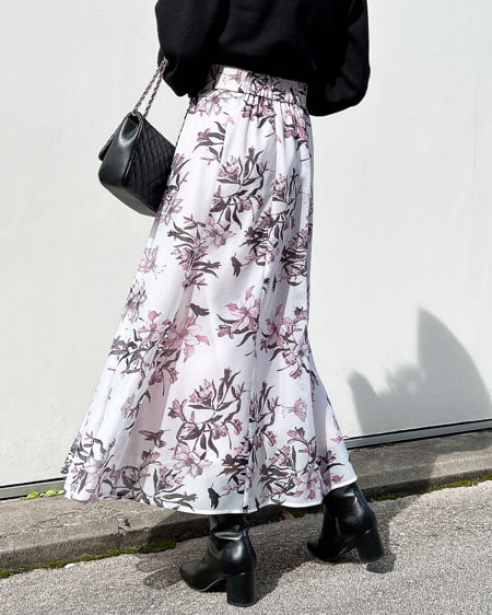 INGNI(イング) 花柄オーガンジーフレアスカート オフホワイト/ピンク