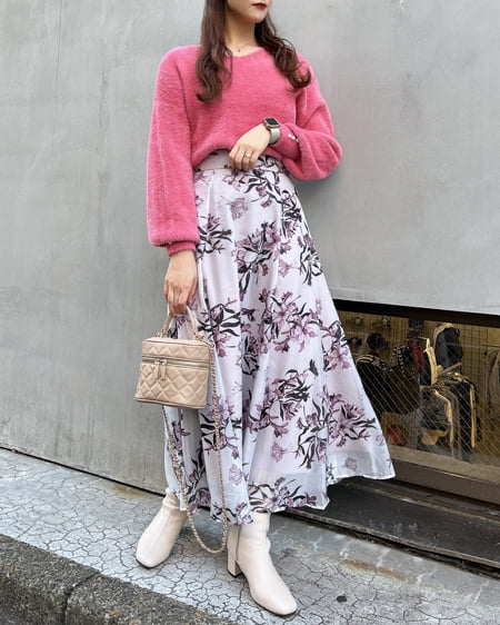 INGNI(イング) 花柄オーガンジーフレアスカート オフホワイト/ピンク