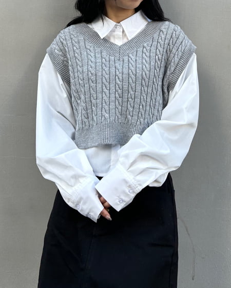 INGNI(イング) ショート丈ケーブルニットベスト+ショート丈シャツセット グレー