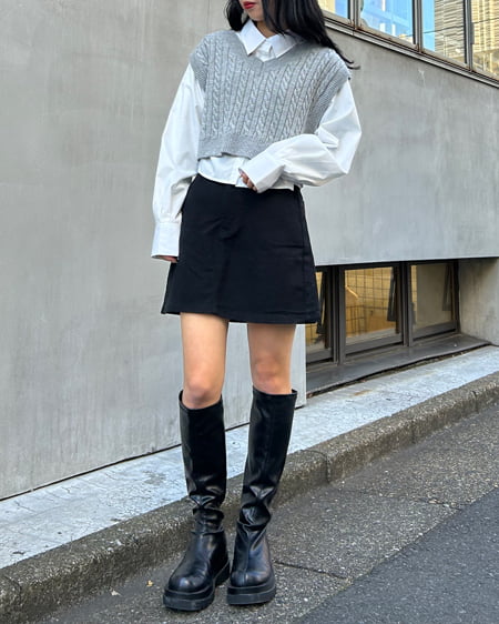 INGNI(イング) ショート丈ケーブルニットベスト+ショート丈シャツセット グレー