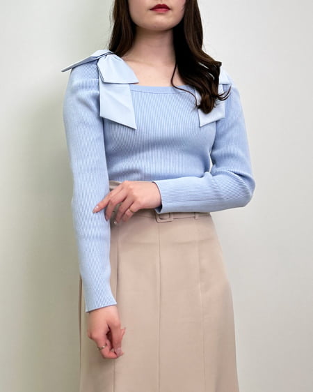 INGNI(イング) スクエアネック異素材肩リボンニット サックス