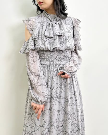 コーディネート 肩開きフリル花柄シフォンワンピース,｜INGNI （イング