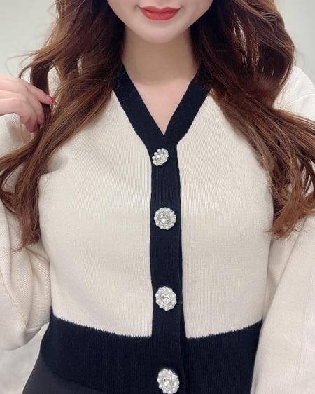 INGNI(イング) 配色装飾ボタンニットカーディガン アイボリー/クロ