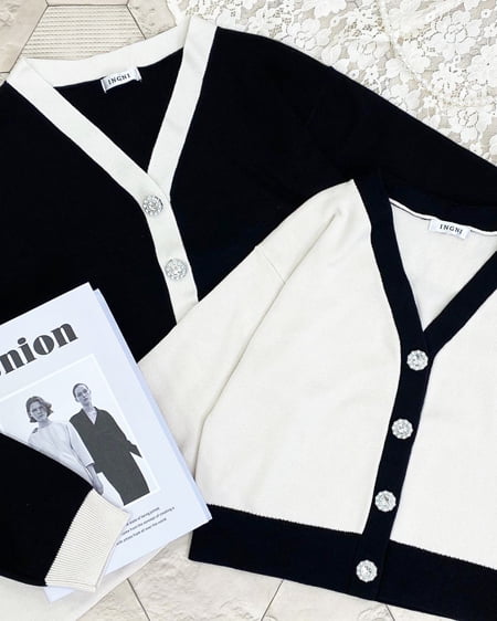 INGNI(イング) 配色装飾ボタンニットカーディガン アイボリー/クロ