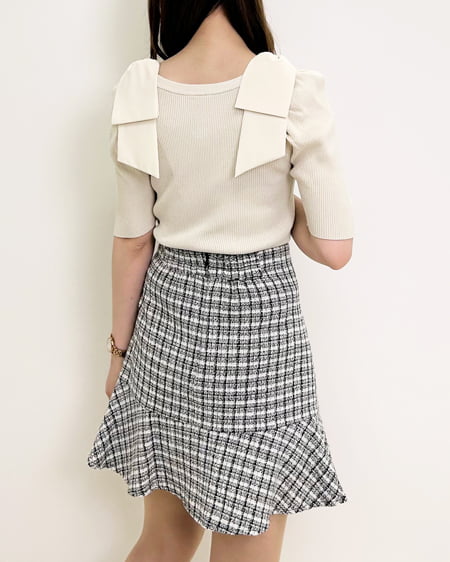 INGNI(イング) スクエアネック異素材肩リボン5分袖ニット オフホワイト