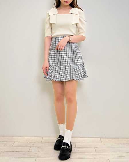 INGNI(イング) スクエアネック異素材肩リボン5分袖ニット オフホワイト