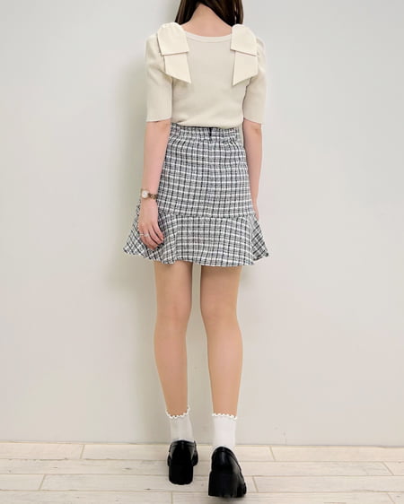 INGNI(イング) スクエアネック異素材肩リボン5分袖ニット オフホワイト