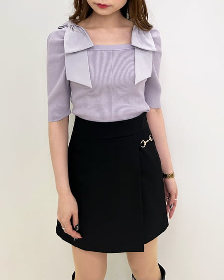 INGNI(イング) スクエアネック異素材肩リボン5分袖ニット グレージュ