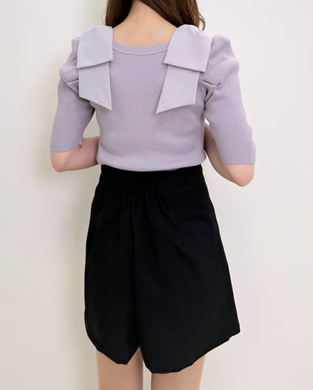 INGNI(イング) スクエアネック異素材肩リボン5分袖ニット グレージュ