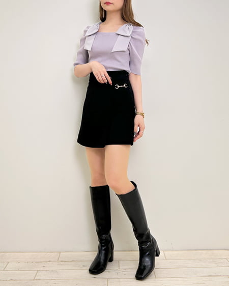 INGNI(イング) スクエアネック異素材肩リボン5分袖ニット グレージュ