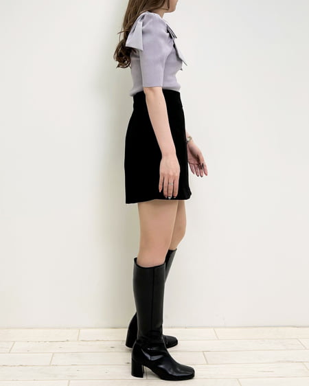 INGNI(イング) スクエアネック異素材肩リボン5分袖ニット グレージュ