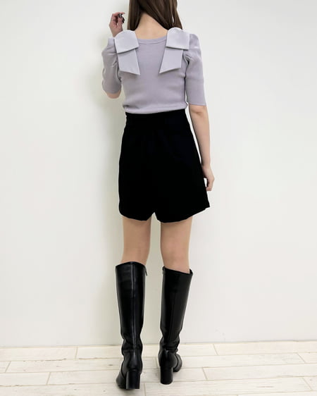 INGNI(イング) スクエアネック異素材肩リボン5分袖ニット グレージュ