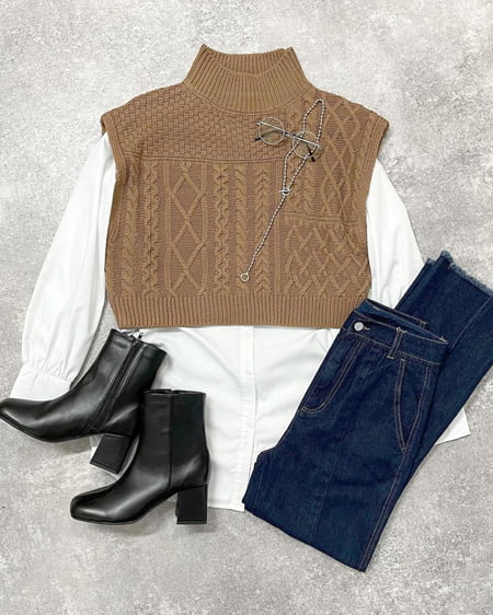 INGNI(イング) パッチワークケーブルニット モカ