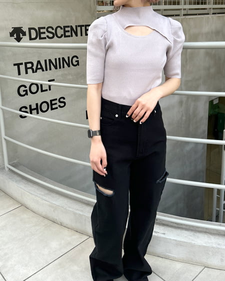 INGNI(イング) デコルテオープンパワショル5分袖ニット グレージュ