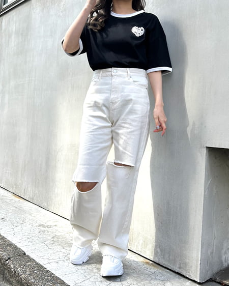 INGNI(イング) BACKハートロゴリンガーTシャツ クロ/オフホワイト