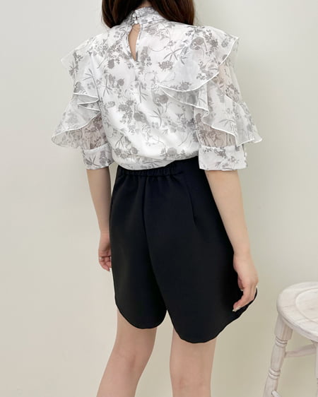 INGNI（イング） 袖フリル花柄シアー5分袖／ブラウス ｸﾞﾚｰ