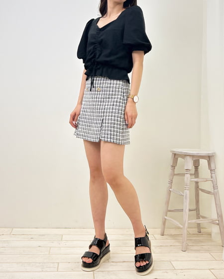 INGNI（イング） ドロストギャザー半袖ブラウス ｸﾛ