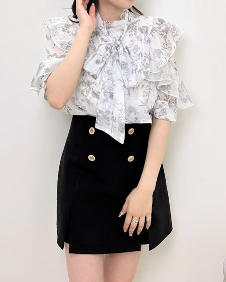 INGNI（イング） 袖フリル花柄シアー5分袖／ブラウス ｸﾞﾚｰ