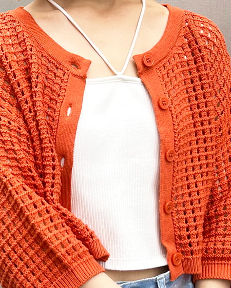 INGNI（イング） 2WAYショート丈／メッシュニット7分袖カーディガン ｵﾚﾝｼﾞ
