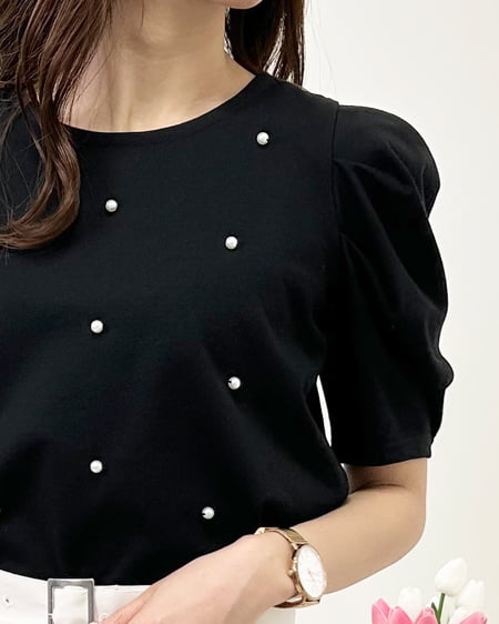 INGNI(イング) パール付きパワショルTシャツ クロ